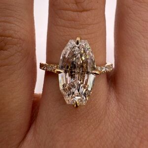 3.56 carat E VVS2 coffin cut lab grown diamond on a pave band engagement ring